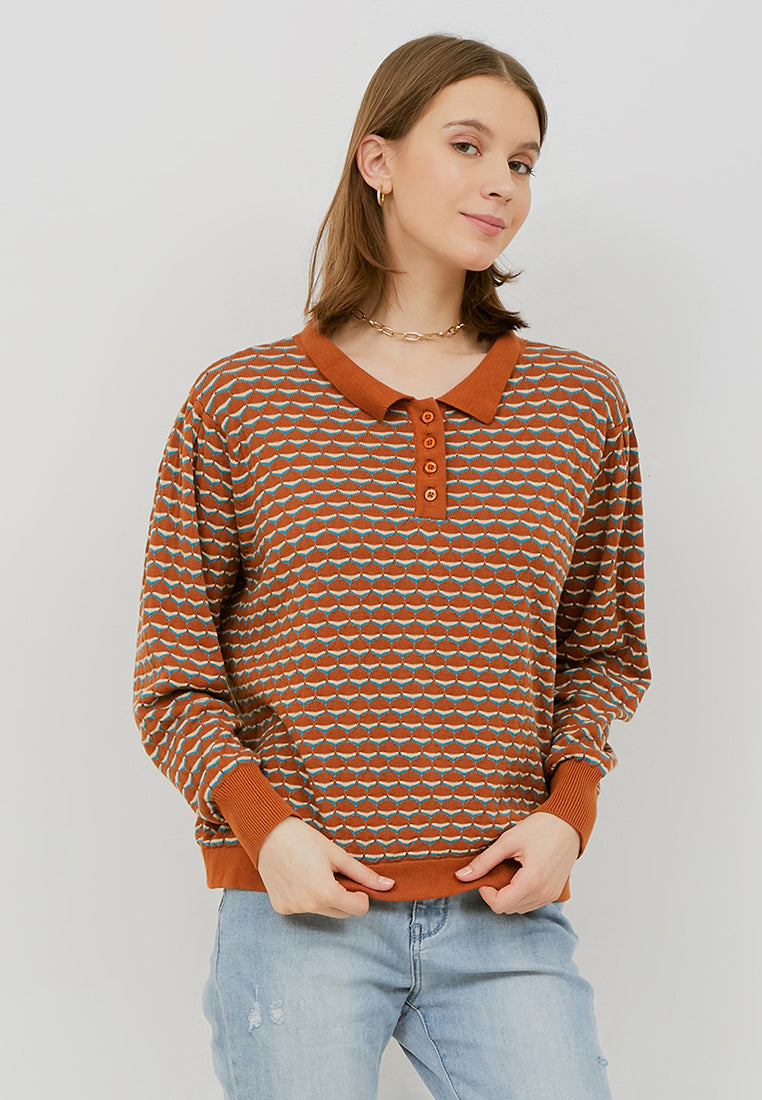 NONA Peony Knit Top Long Sleeve Terracotta